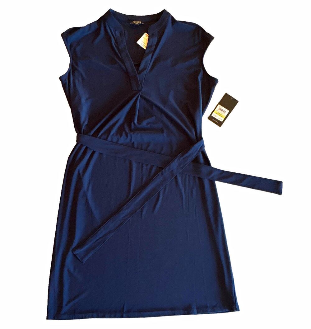 Jones New York Navy Solid Sheath V-Neck Sleeveless Tie Waist Knee Dress 4